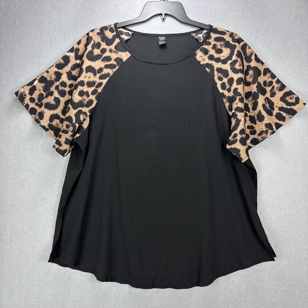 Shein Curve Top Women's 4XL Black/Leopard Animal Print Lightweight SS Blouse